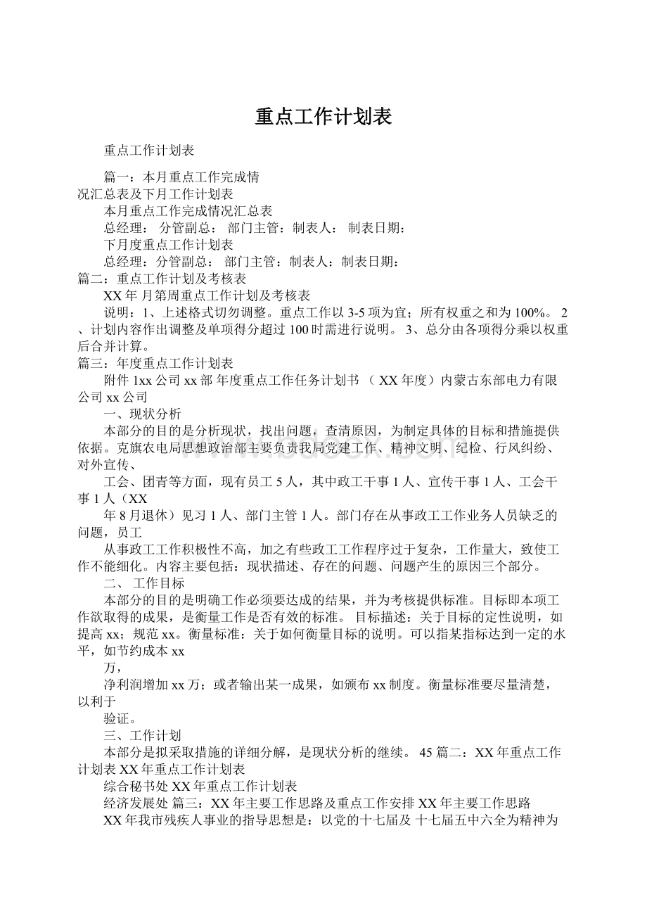 重点工作计划表Word文档格式.docx