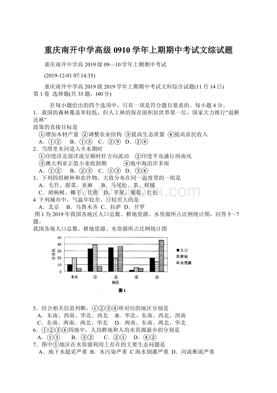 重庆南开中学高级0910学年上期期中考试文综试题Word格式.docx
