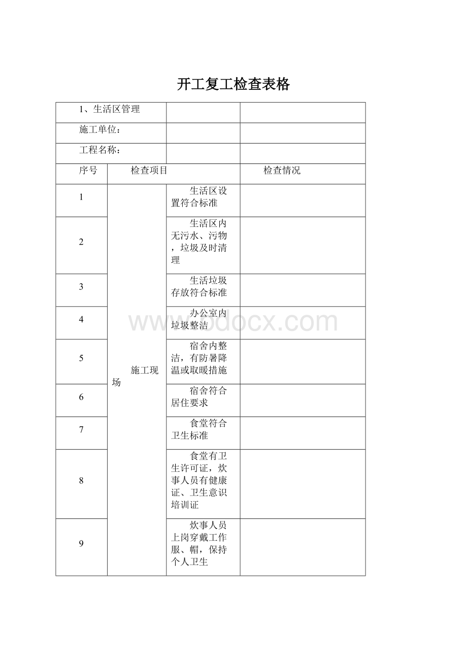 开工复工检查表格Word格式文档下载.docx_第1页