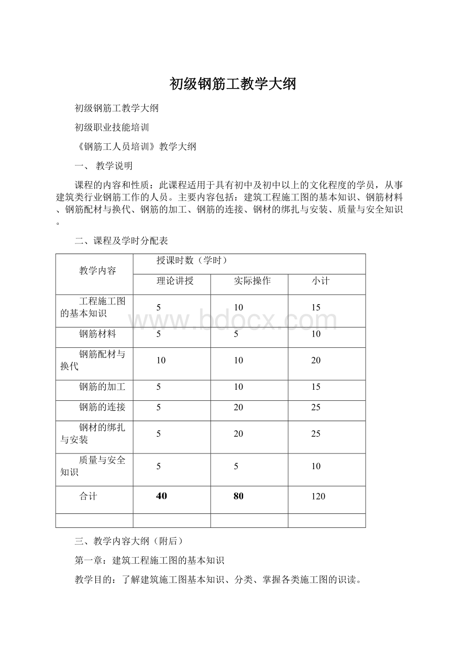 初级钢筋工教学大纲Word格式文档下载.docx