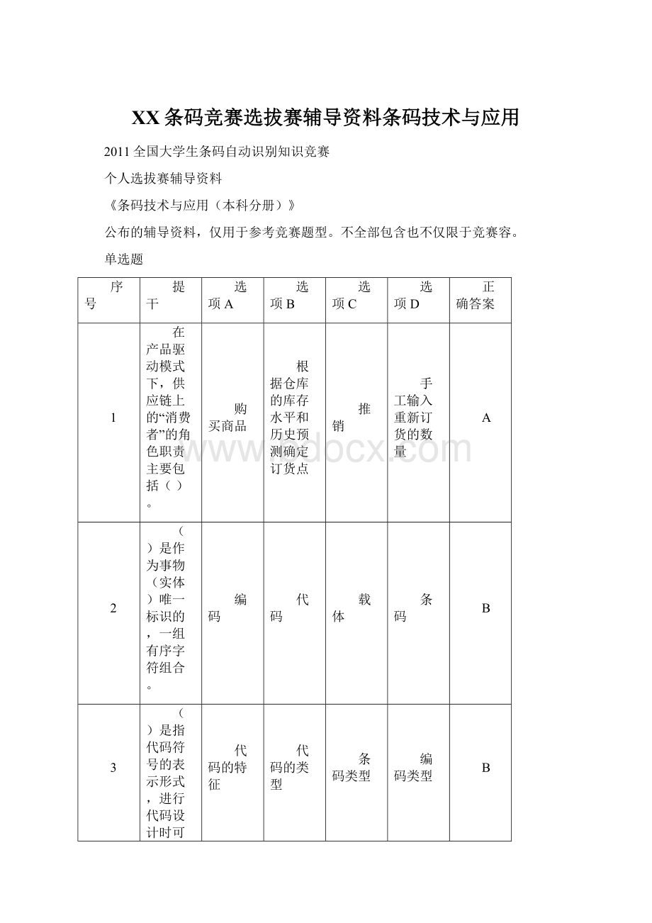 XX条码竞赛选拔赛辅导资料条码技术与应用Word文档格式.docx