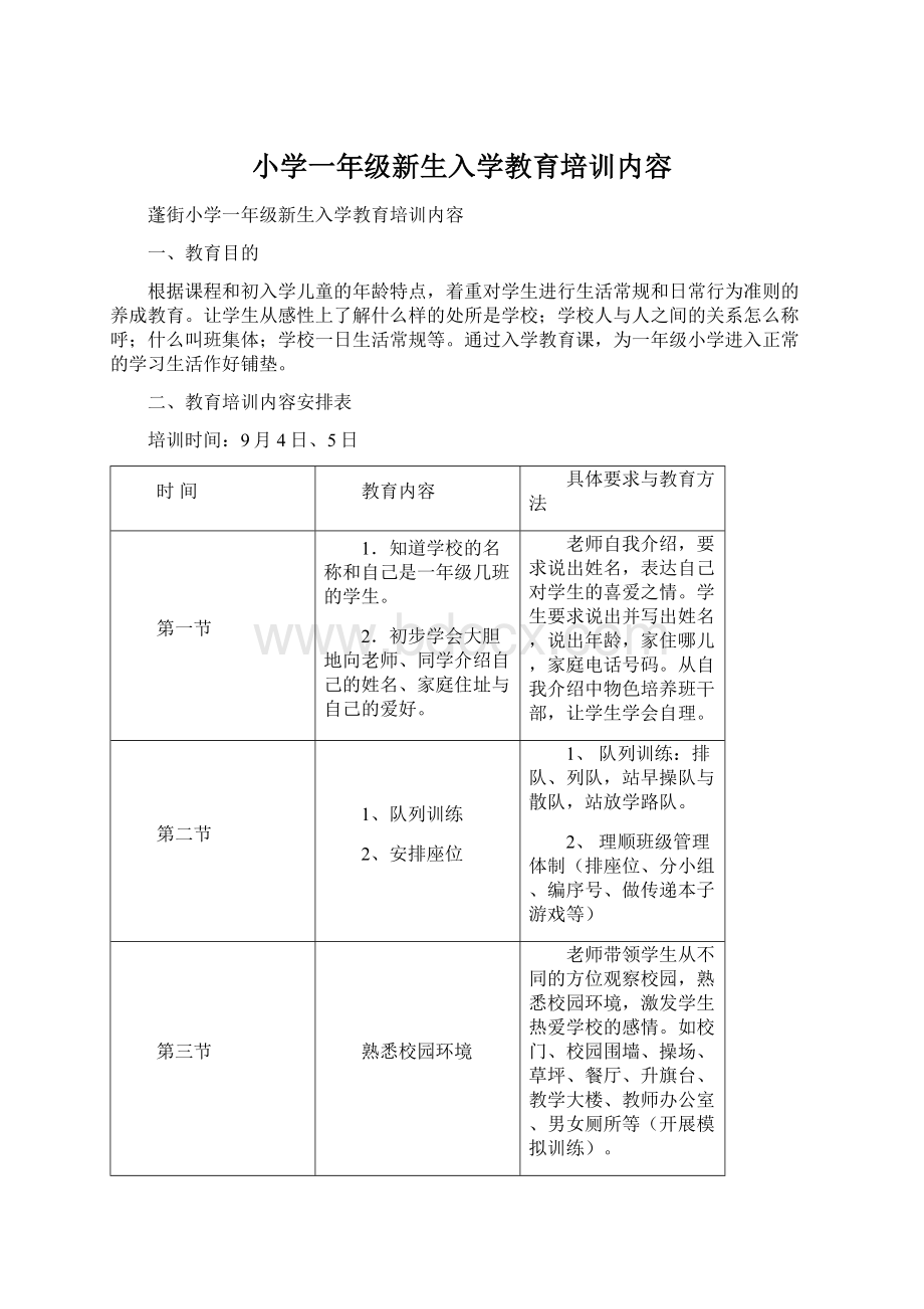 小学一年级新生入学教育培训内容文档格式.docx