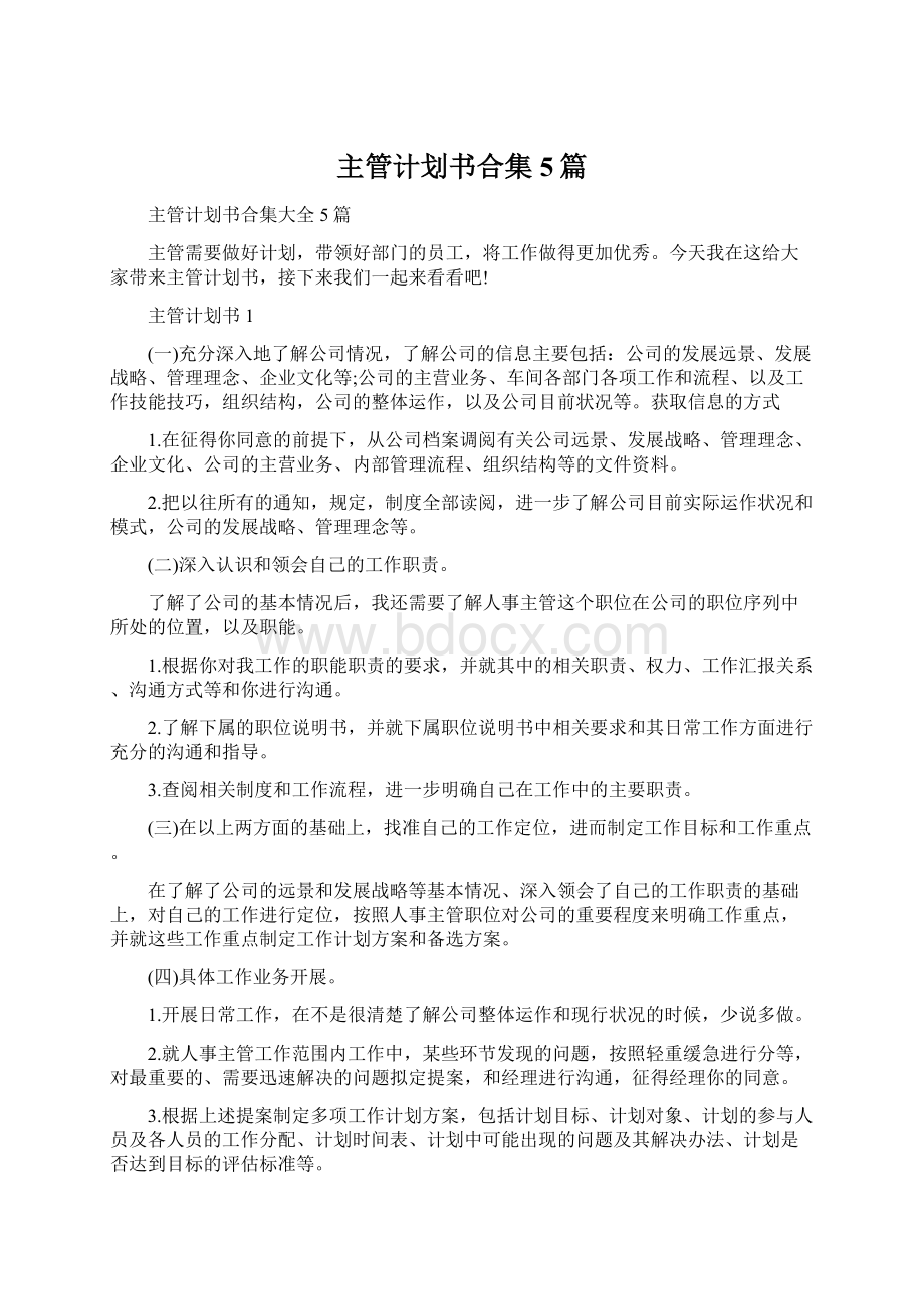 主管计划书合集 5篇Word格式.docx