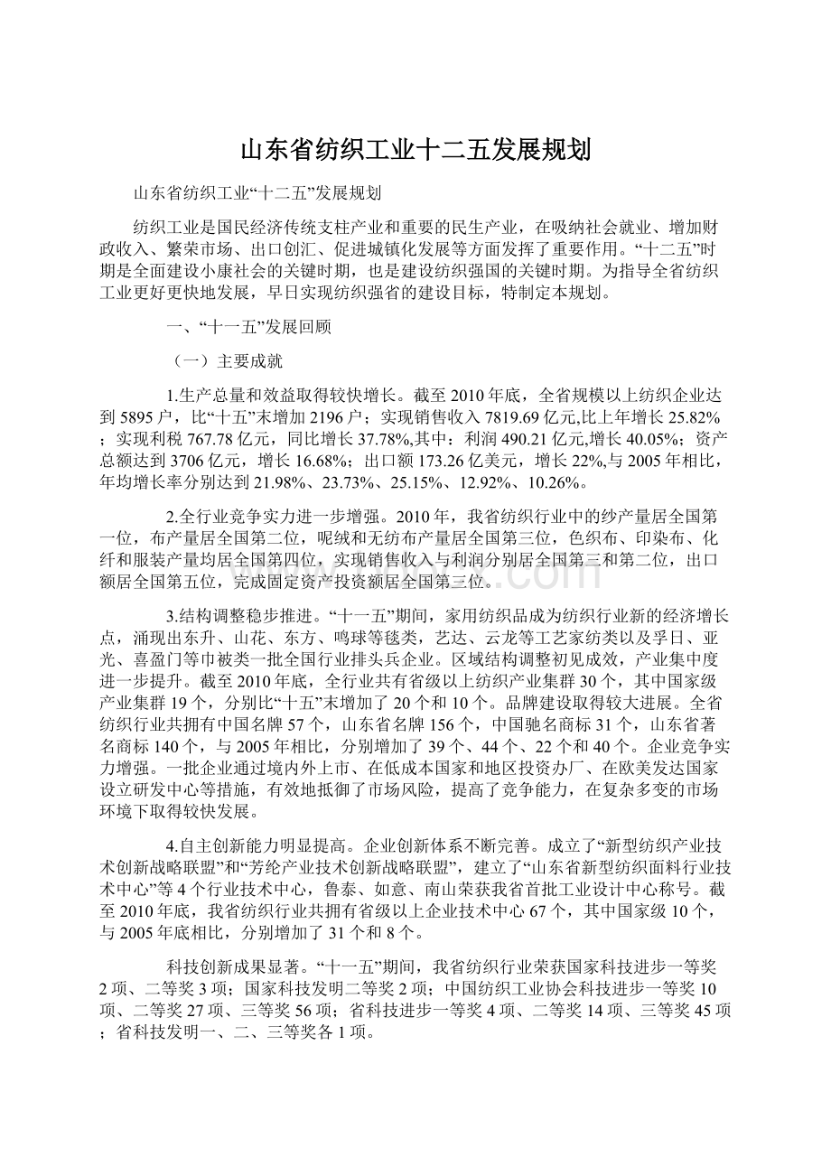 山东省纺织工业十二五发展规划.docx