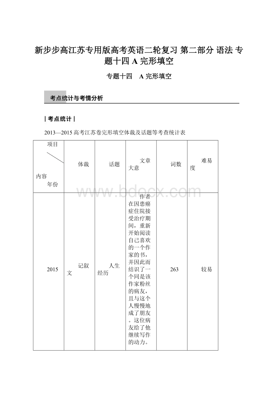 新步步高江苏专用版高考英语二轮复习 第二部分 语法 专题十四 A 完形填空Word下载.docx