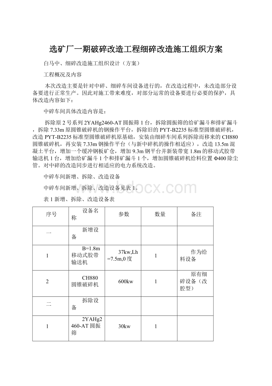 选矿厂一期破碎改造工程细碎改造施工组织方案Word文档下载推荐.docx