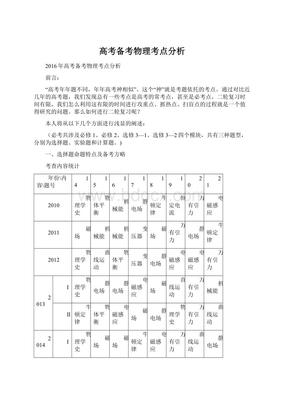 高考备考物理考点分析Word下载.docx_第1页