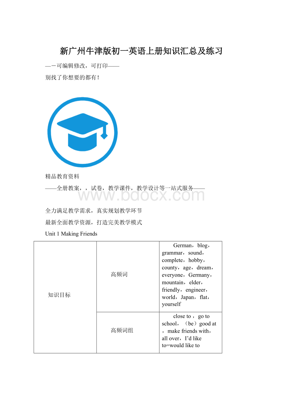 新广州牛津版初一英语上册知识汇总及练习.docx