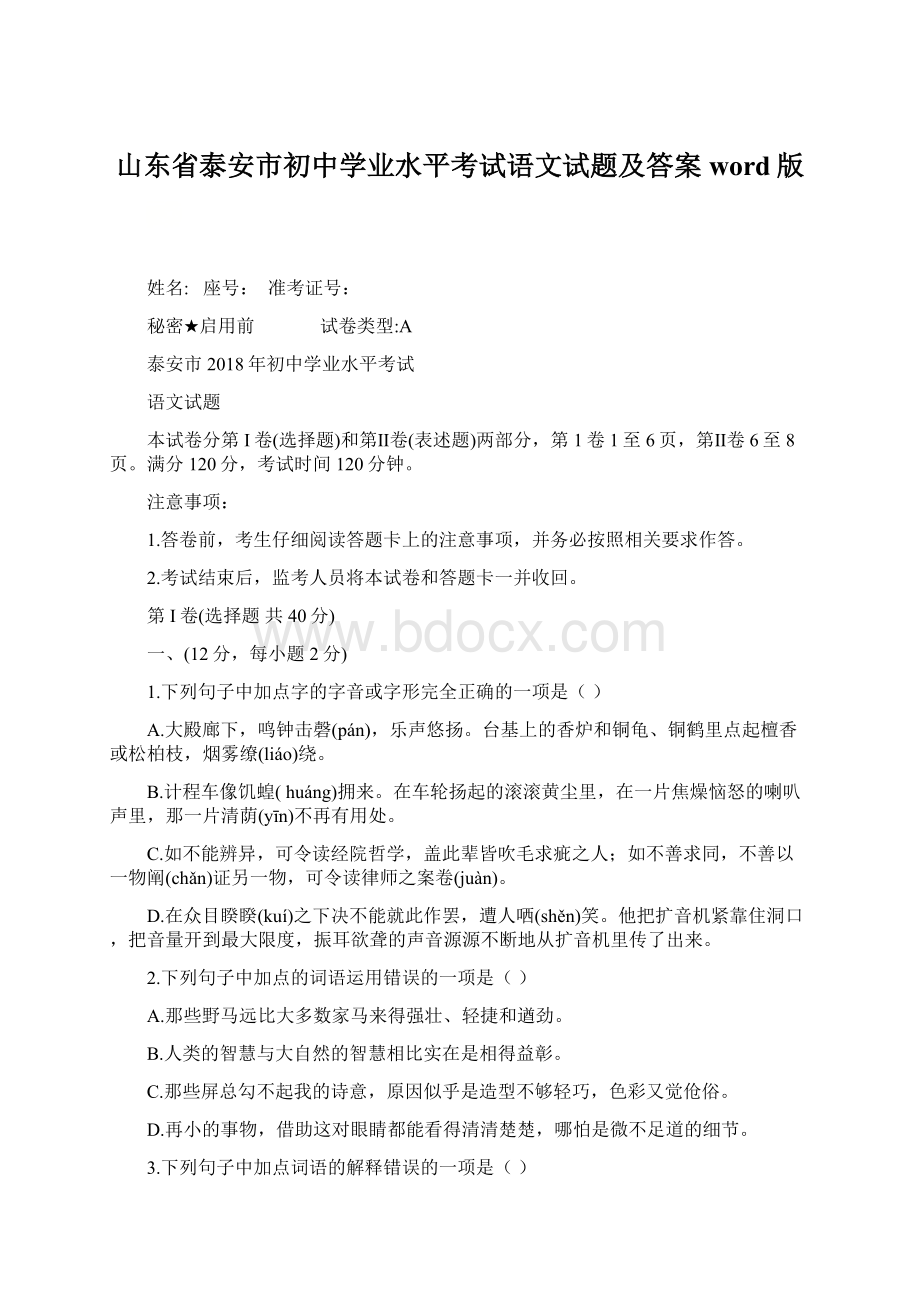 山东省泰安市初中学业水平考试语文试题及答案word版Word格式.docx