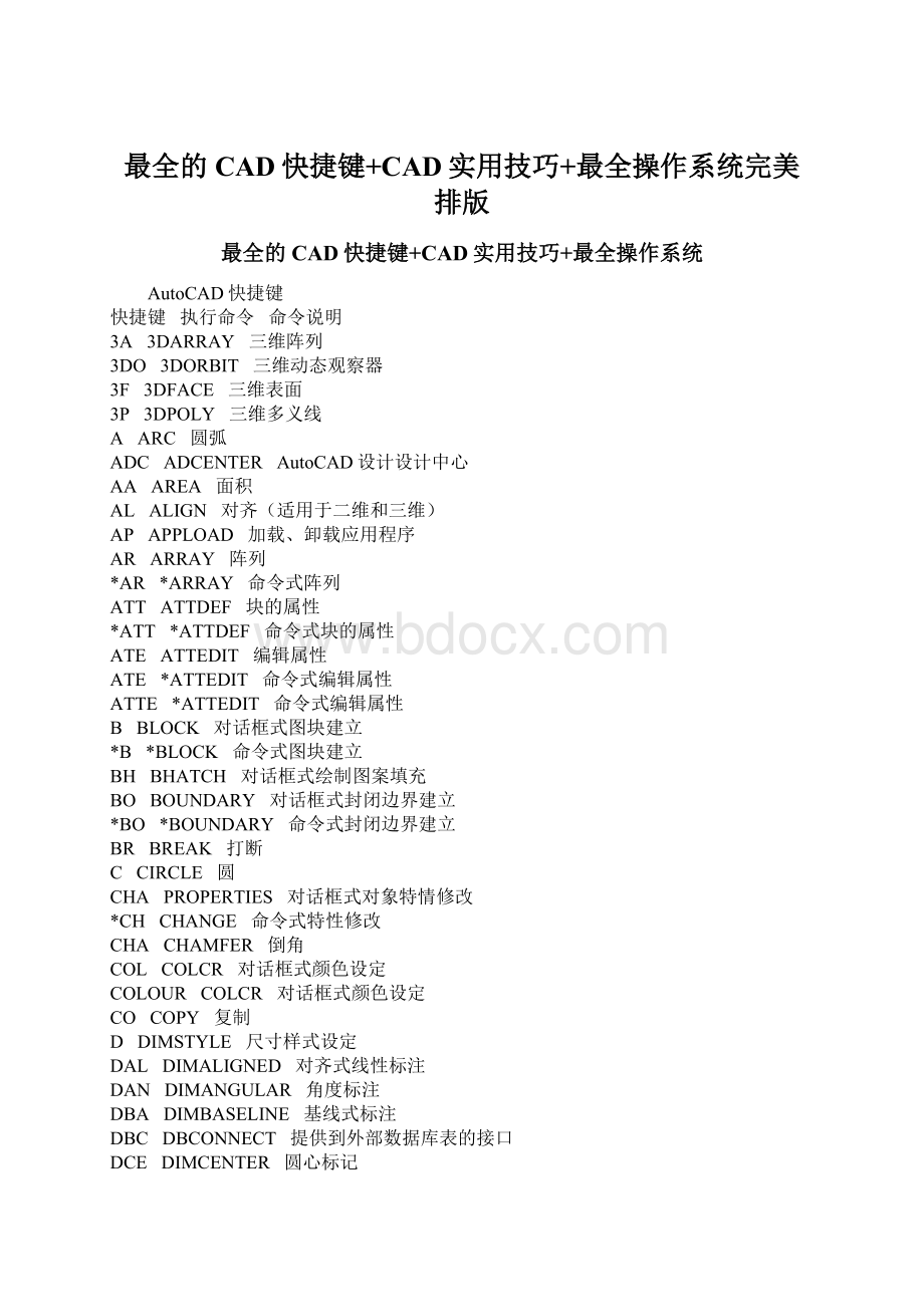 最全的CAD快捷键+CAD实用技巧+最全操作系统完美排版Word文件下载.docx_第1页