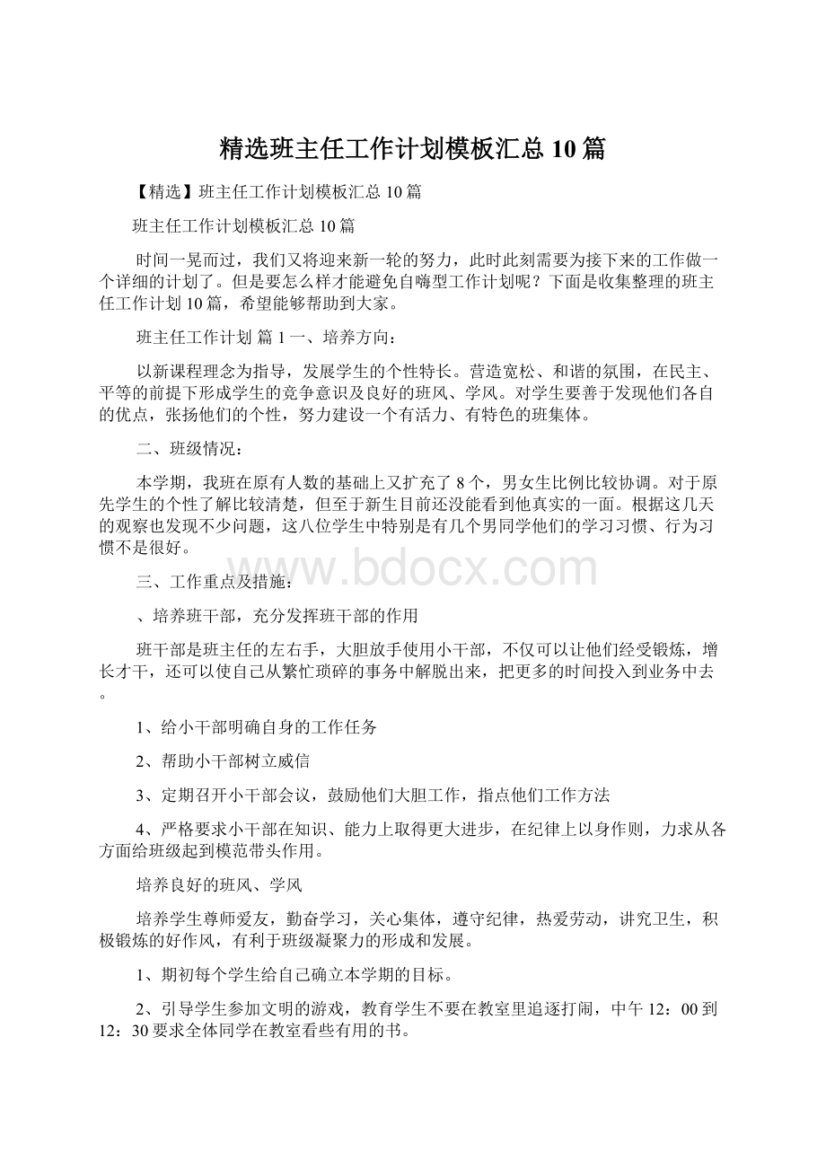 精选班主任工作计划模板汇总10篇Word格式文档下载.docx