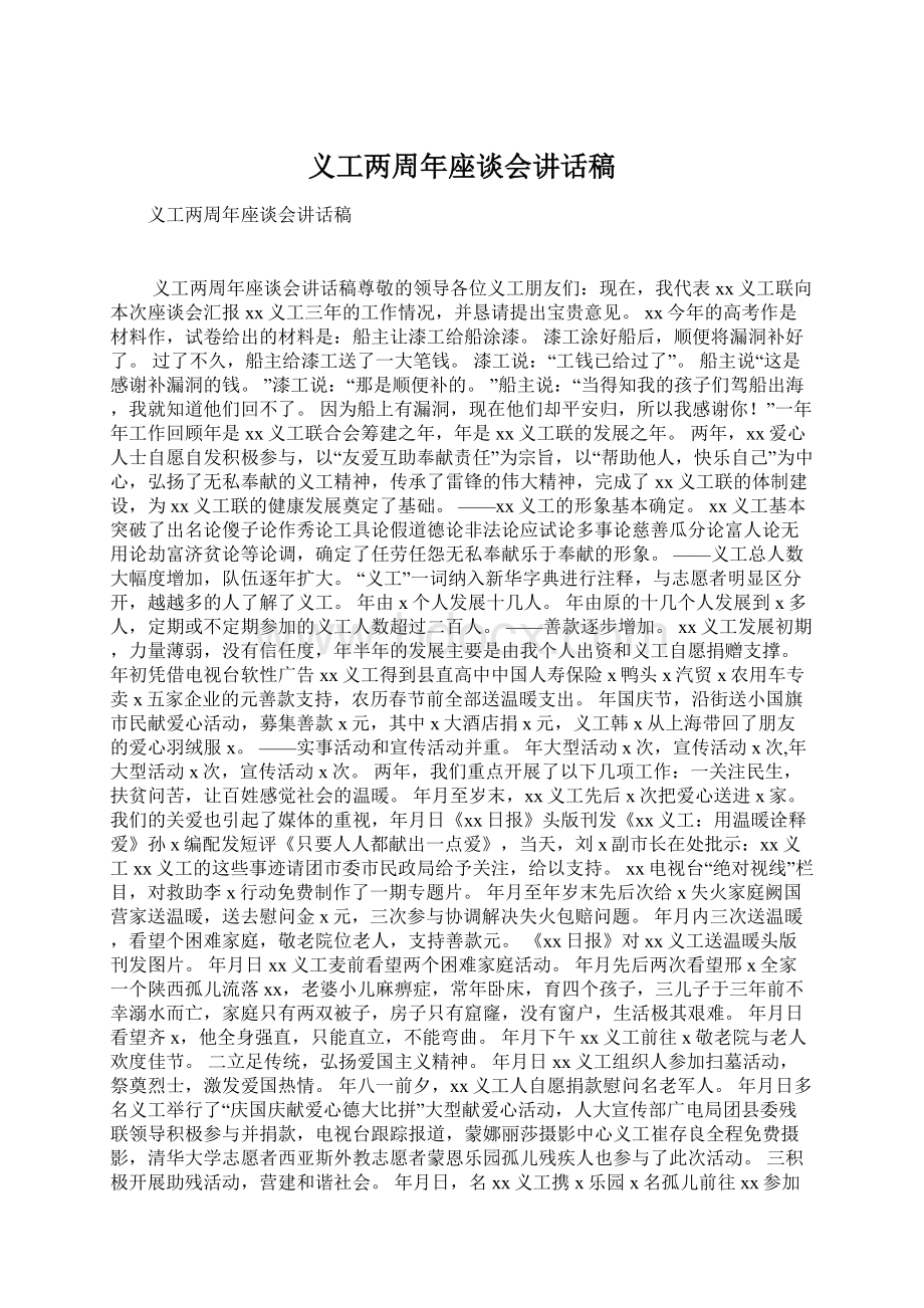 义工两周年座谈会讲话稿Word文件下载.docx