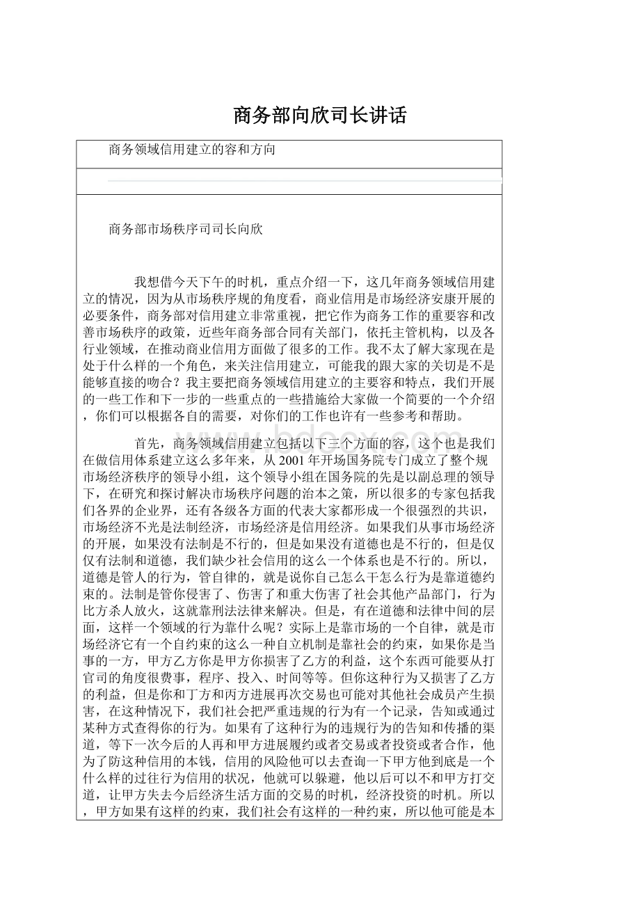 商务部向欣司长讲话Word文档格式.docx