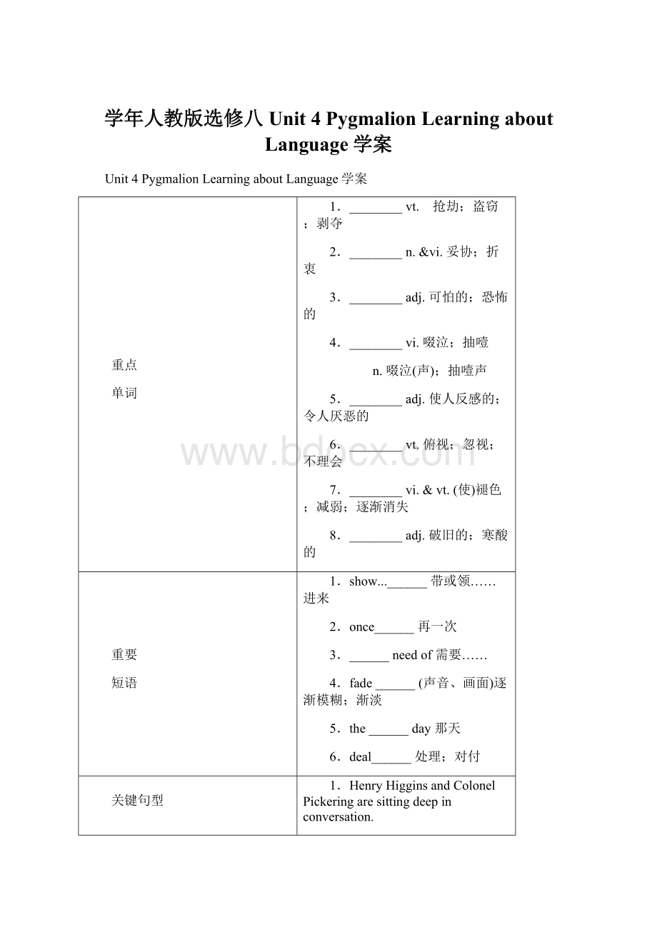 学年人教版选修八Unit 4 Pygmalion Learning about Language学案Word文件下载.docx_第1页