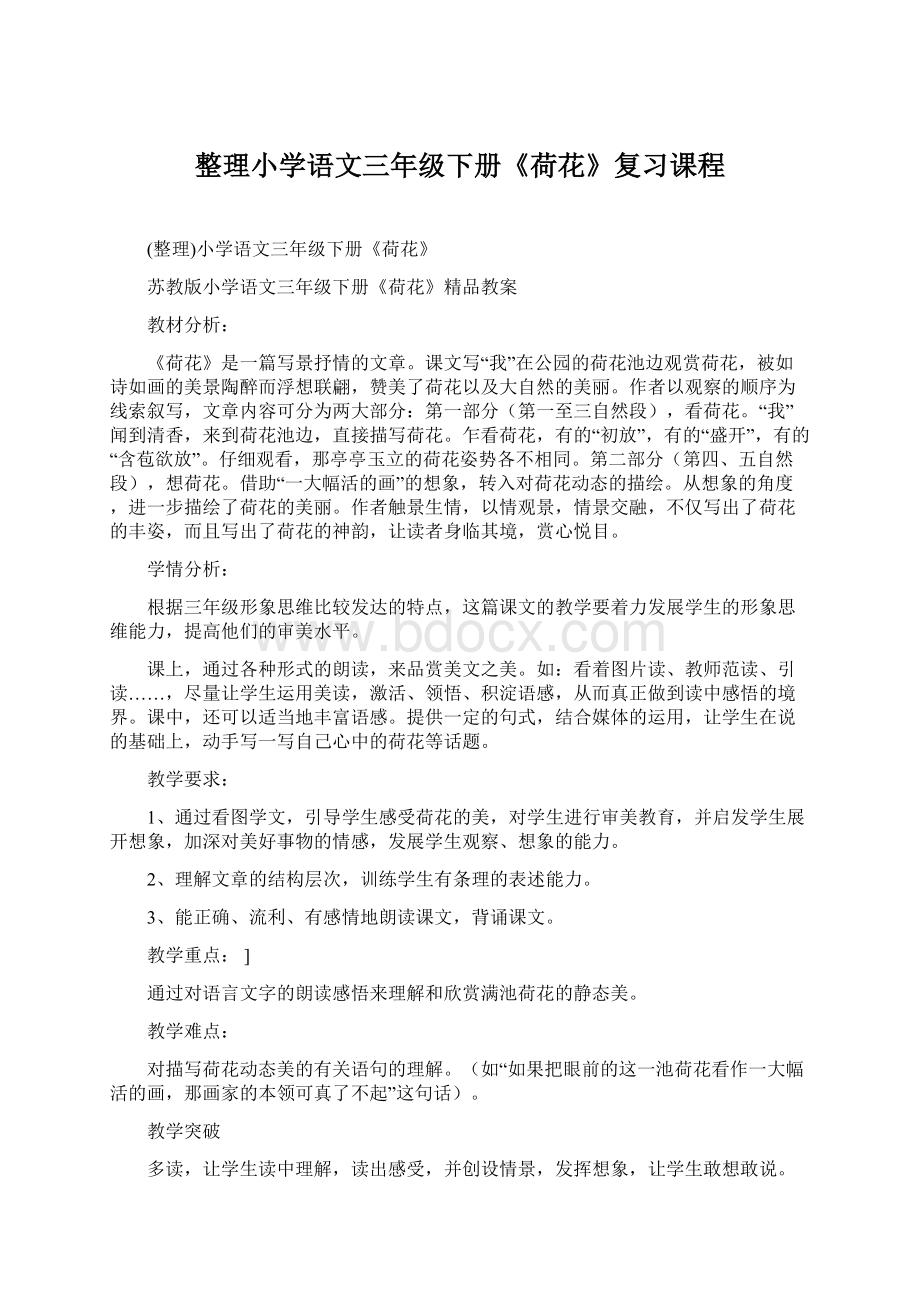 整理小学语文三年级下册《荷花》复习课程Word格式文档下载.docx