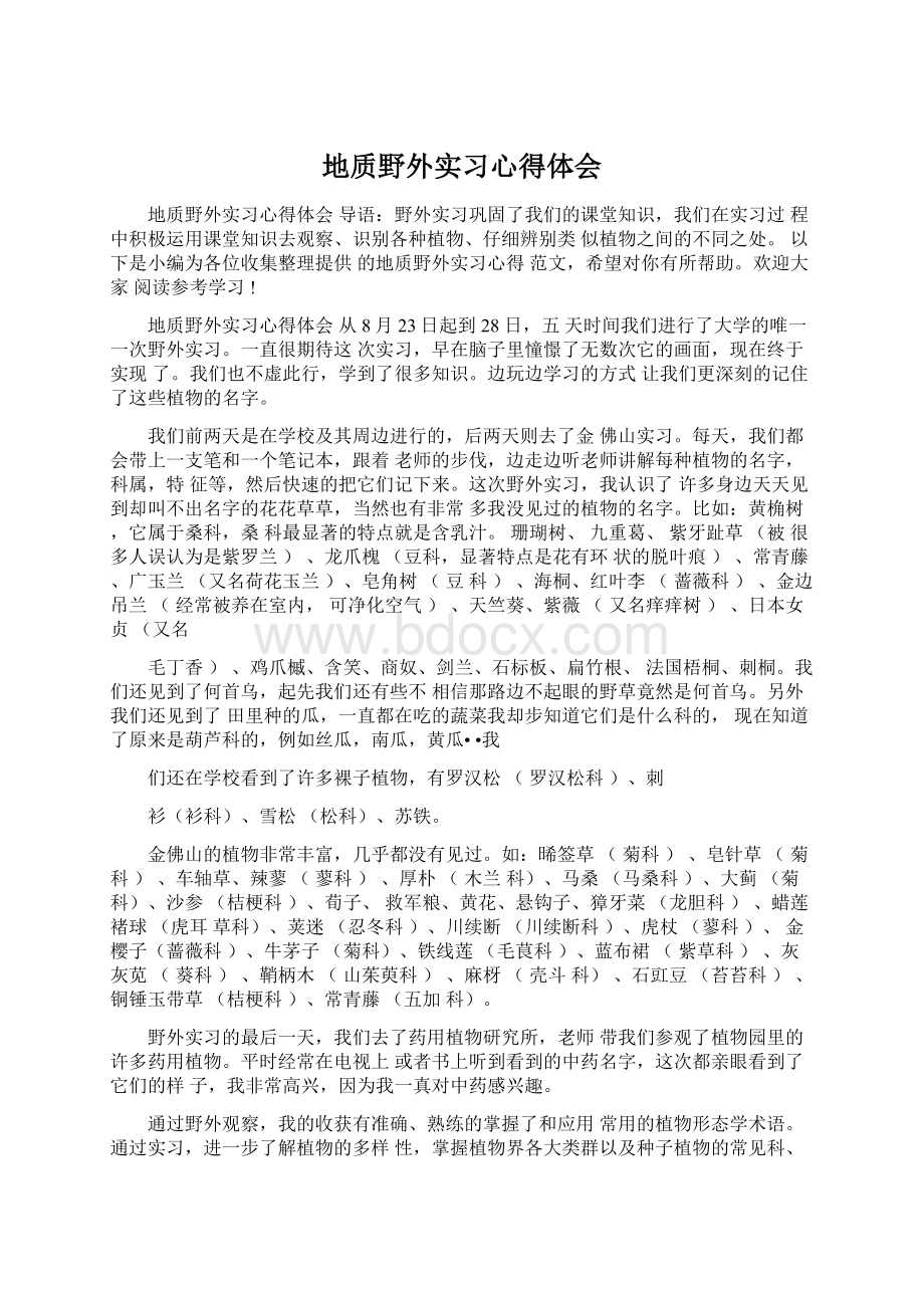 地质野外实习心得体会Word文档格式.docx