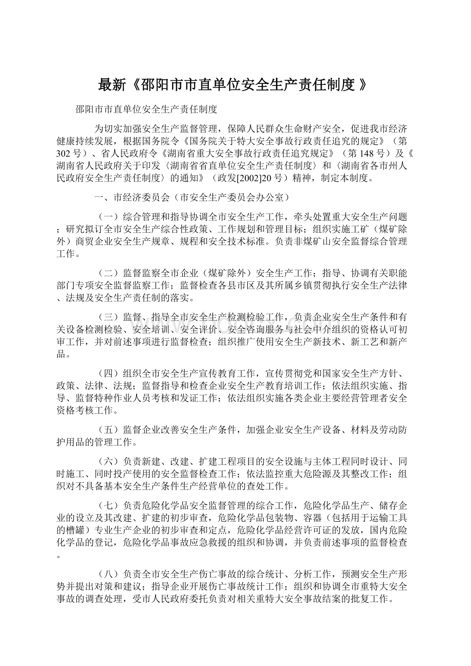 最新《邵阳市市直单位安全生产责任制度 》文档格式.docx