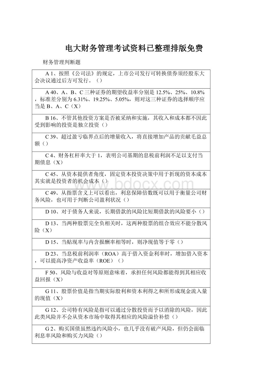 电大财务管理考试资料已整理排版免费Word文档下载推荐.docx_第1页