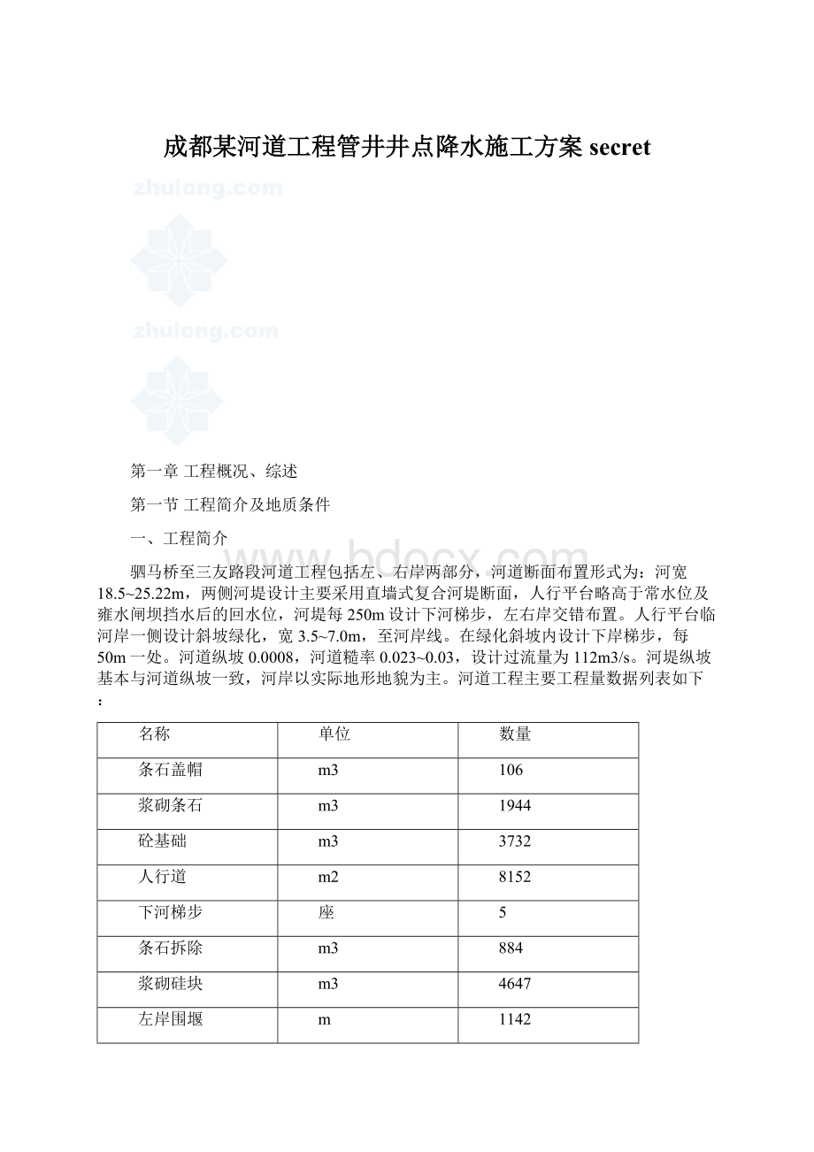 成都某河道工程管井井点降水施工方案secretWord文档下载推荐.docx_第1页