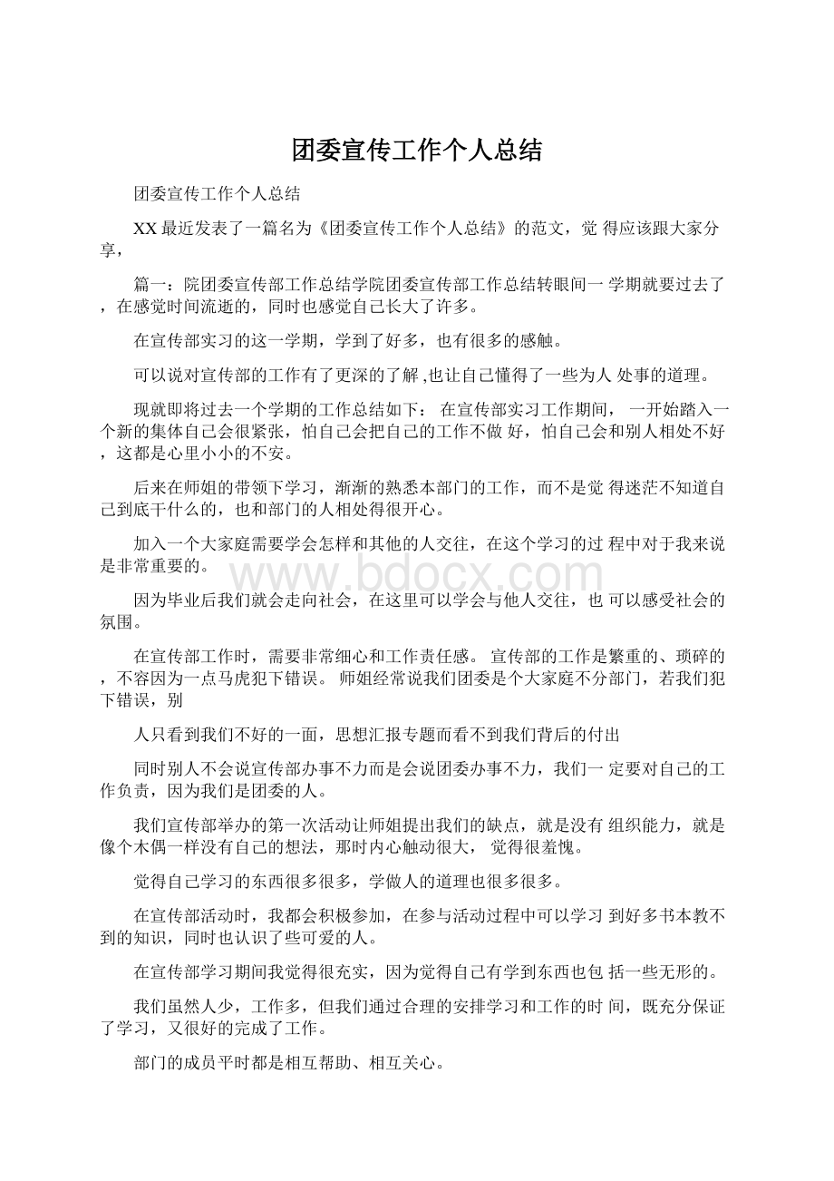 团委宣传工作个人总结文档格式.docx