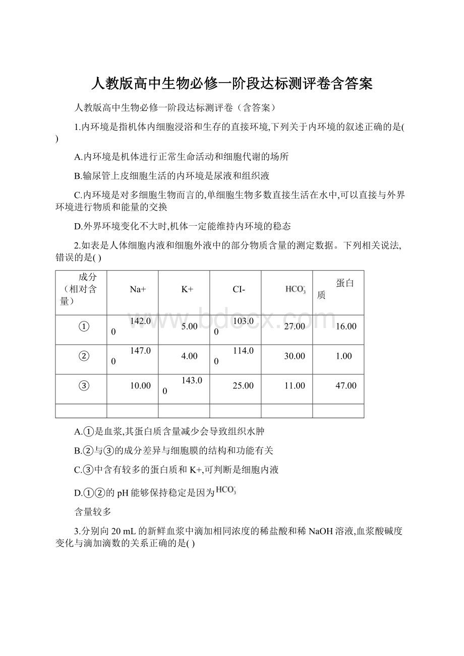 人教版高中生物必修一阶段达标测评卷含答案.docx