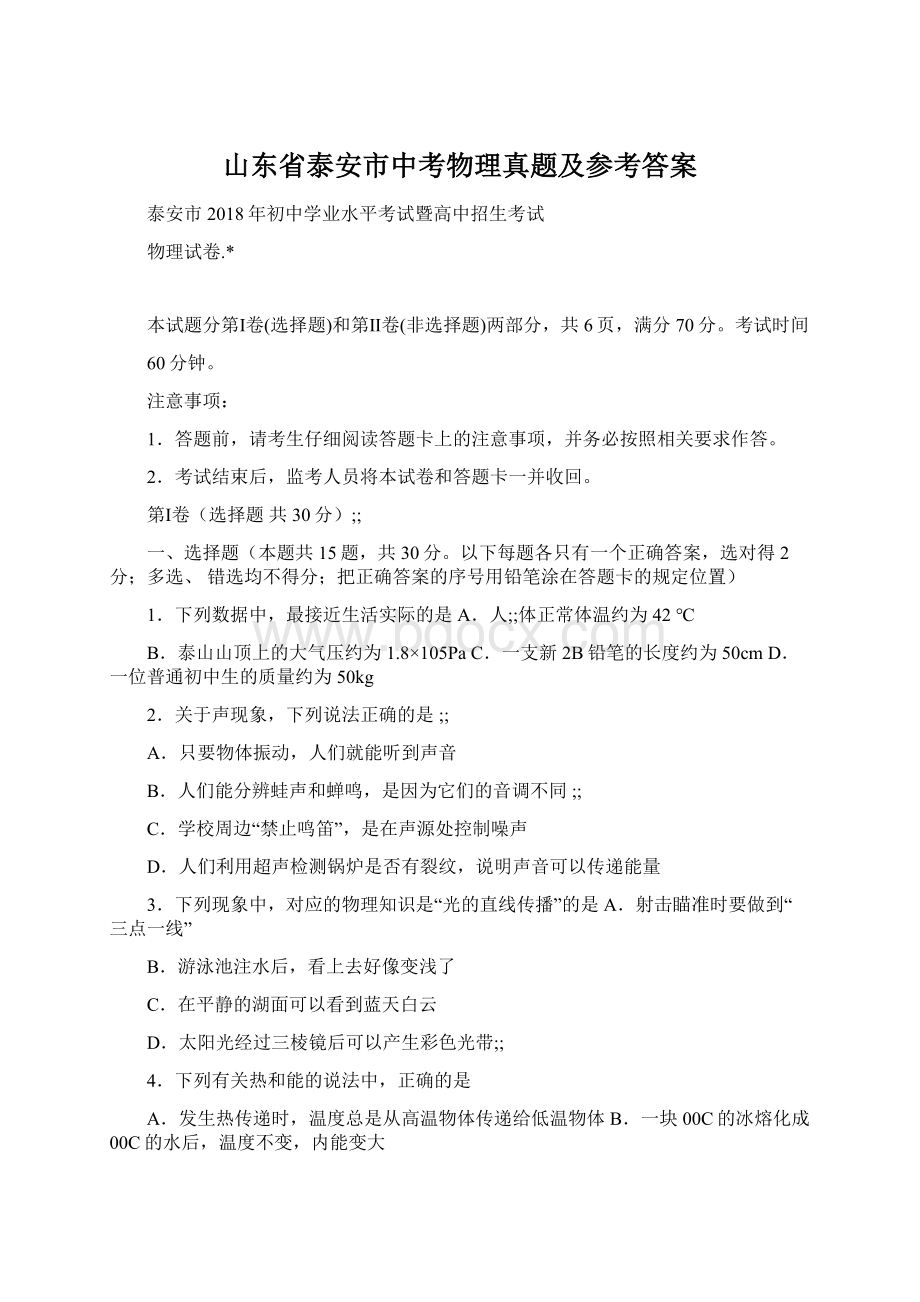 山东省泰安市中考物理真题及参考答案.docx_第1页