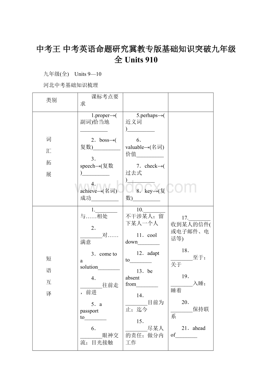 中考王 中考英语命题研究冀教专版基础知识突破九年级全 Units 910.docx_第1页