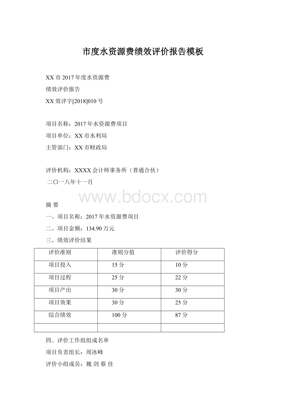 市度水资源费绩效评价报告模板Word文档下载推荐.docx_第1页