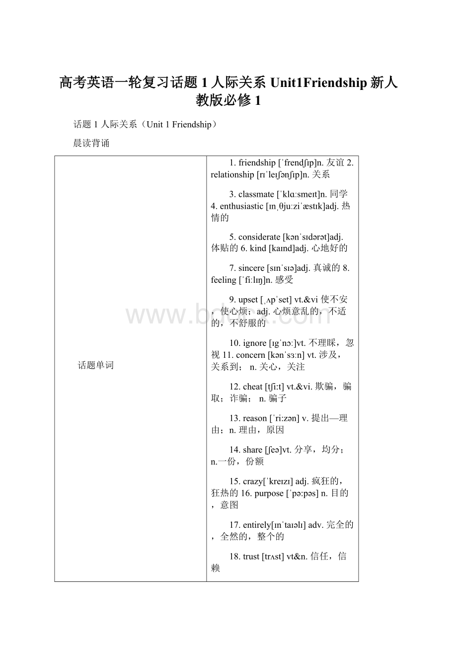 高考英语一轮复习话题1人际关系Unit1Friendship新人教版必修1.docx_第1页