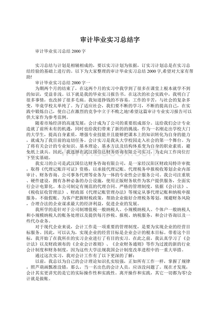 审计毕业实习总结字Word格式.docx