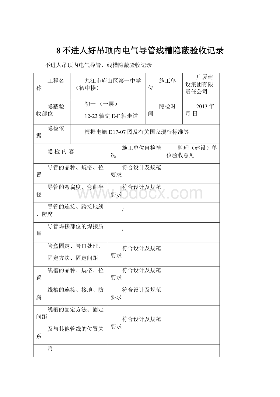 8不进人好吊顶内电气导管线槽隐蔽验收记录.docx_第1页