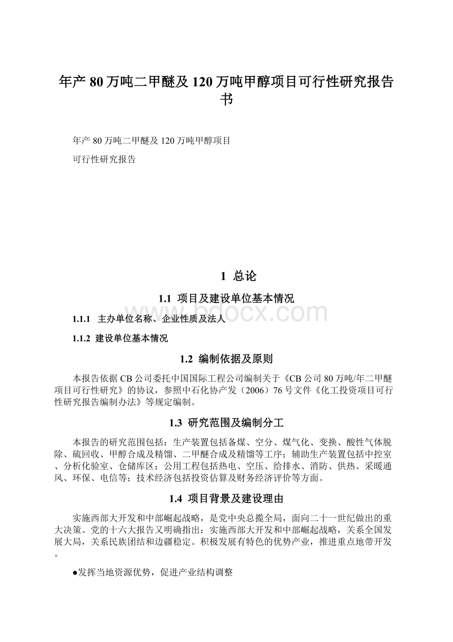 年产80万吨二甲醚及120万吨甲醇项目可行性研究报告书Word文档格式.docx