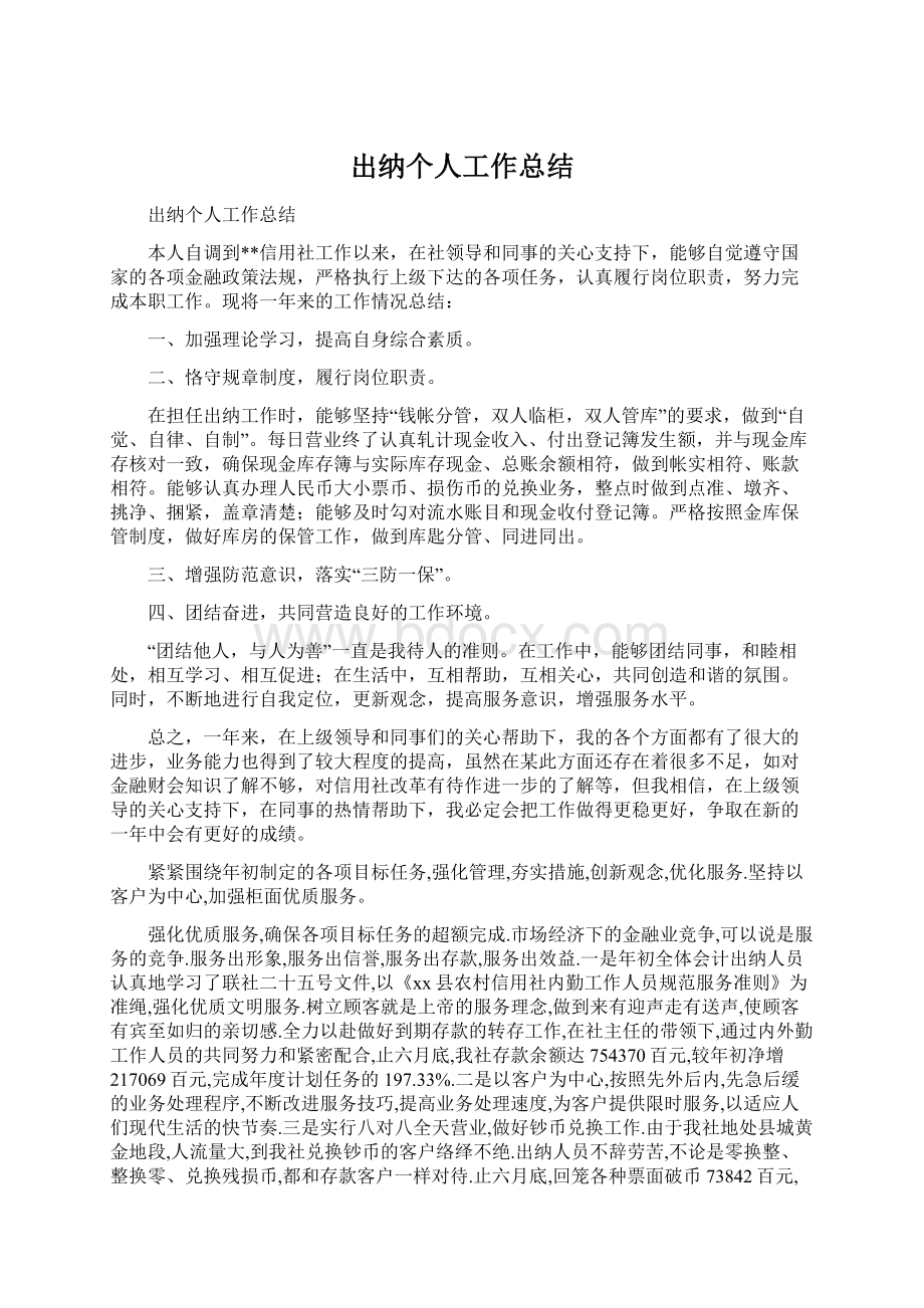 出纳个人工作总结Word格式文档下载.docx