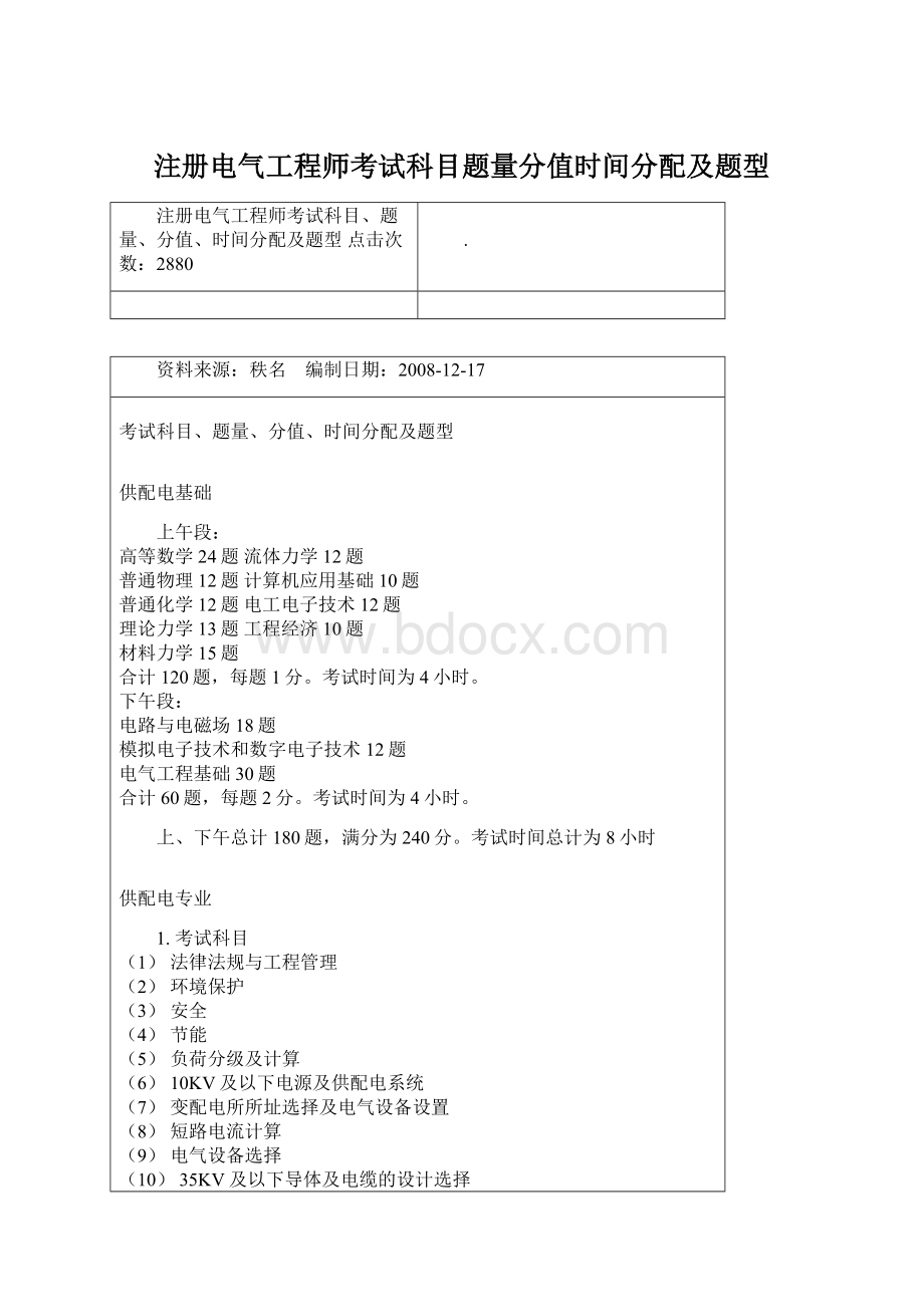 注册电气工程师考试科目题量分值时间分配及题型Word下载.docx_第1页