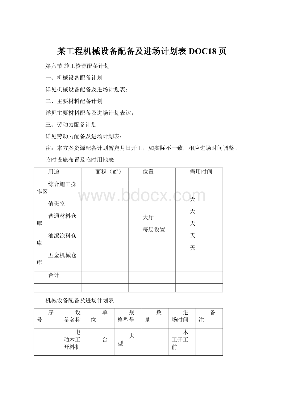 某工程机械设备配备及进场计划表DOC18页Word文档格式.docx