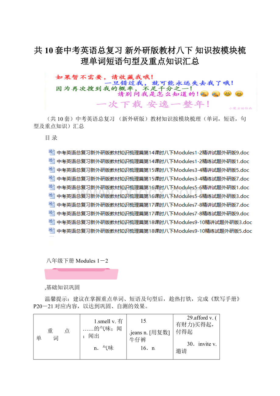 共10套中考英语总复习 新外研版教材八下 知识按模块梳理单词短语句型及重点知识汇总.docx_第1页