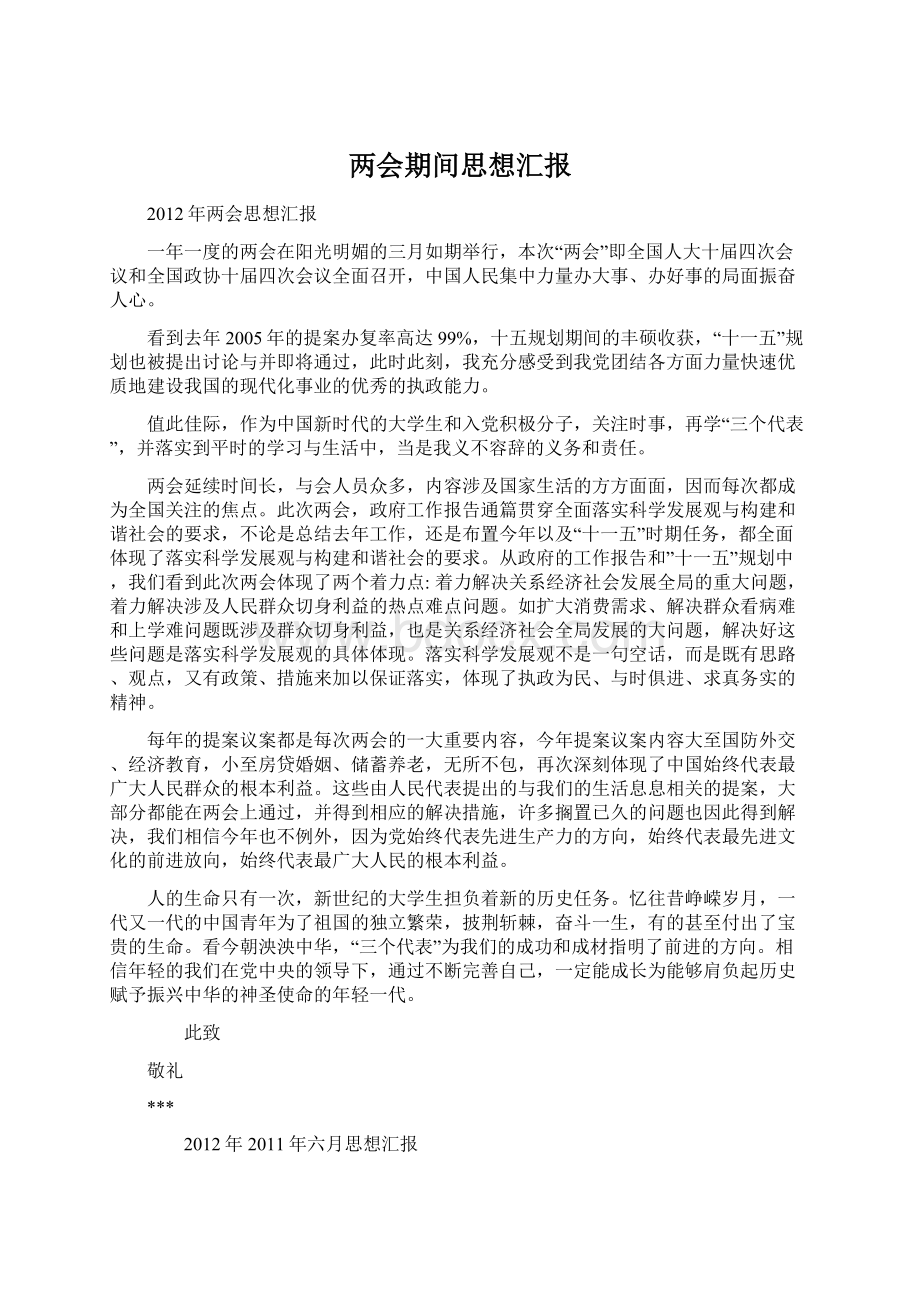 两会期间思想汇报Word格式.docx