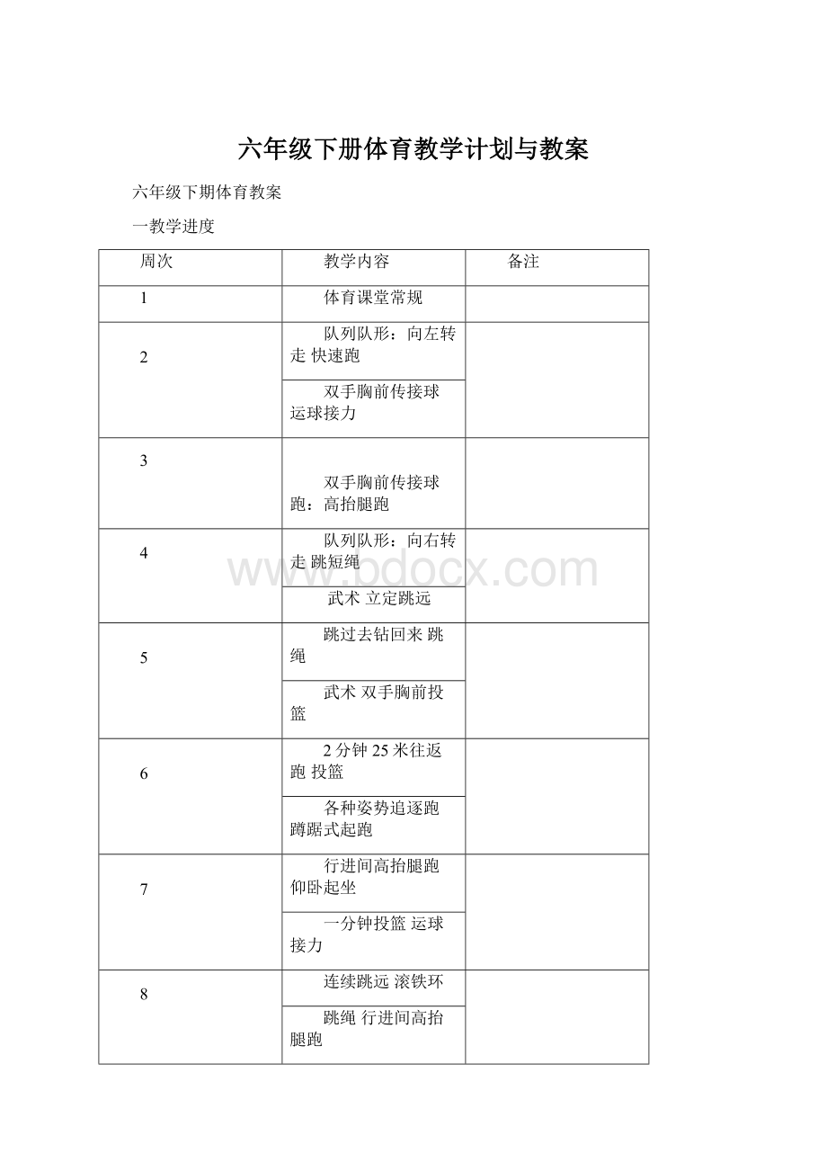 六年级下册体育教学计划与教案Word格式.docx