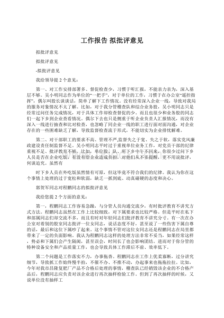 工作报告 拟批评意见Word文档格式.docx