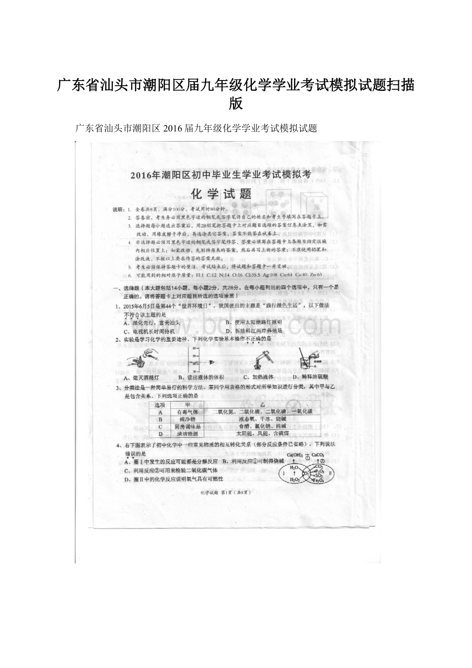 广东省汕头市潮阳区届九年级化学学业考试模拟试题扫描版.docx