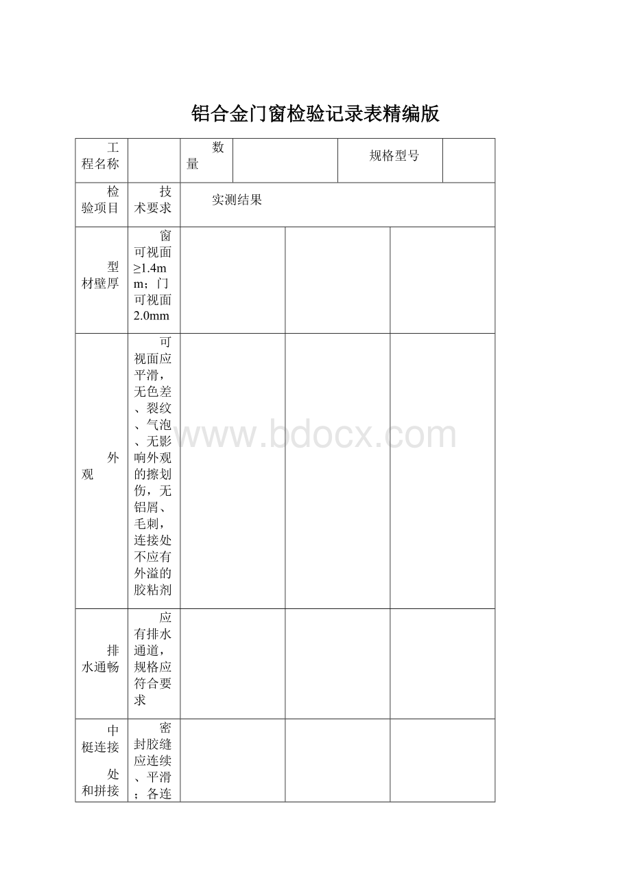 铝合金门窗检验记录表精编版Word格式文档下载.docx