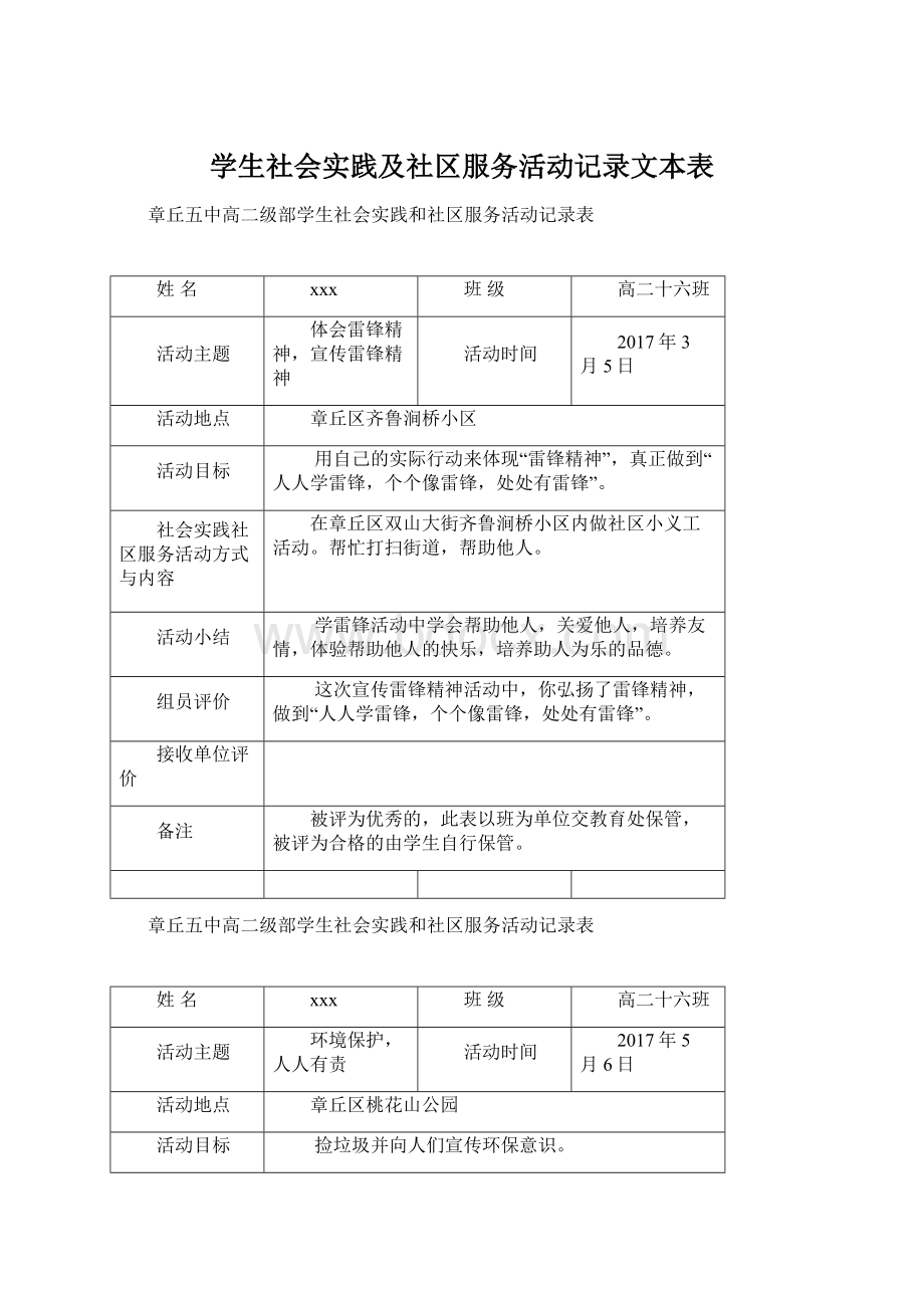 学生社会实践及社区服务活动记录文本表Word格式文档下载.docx