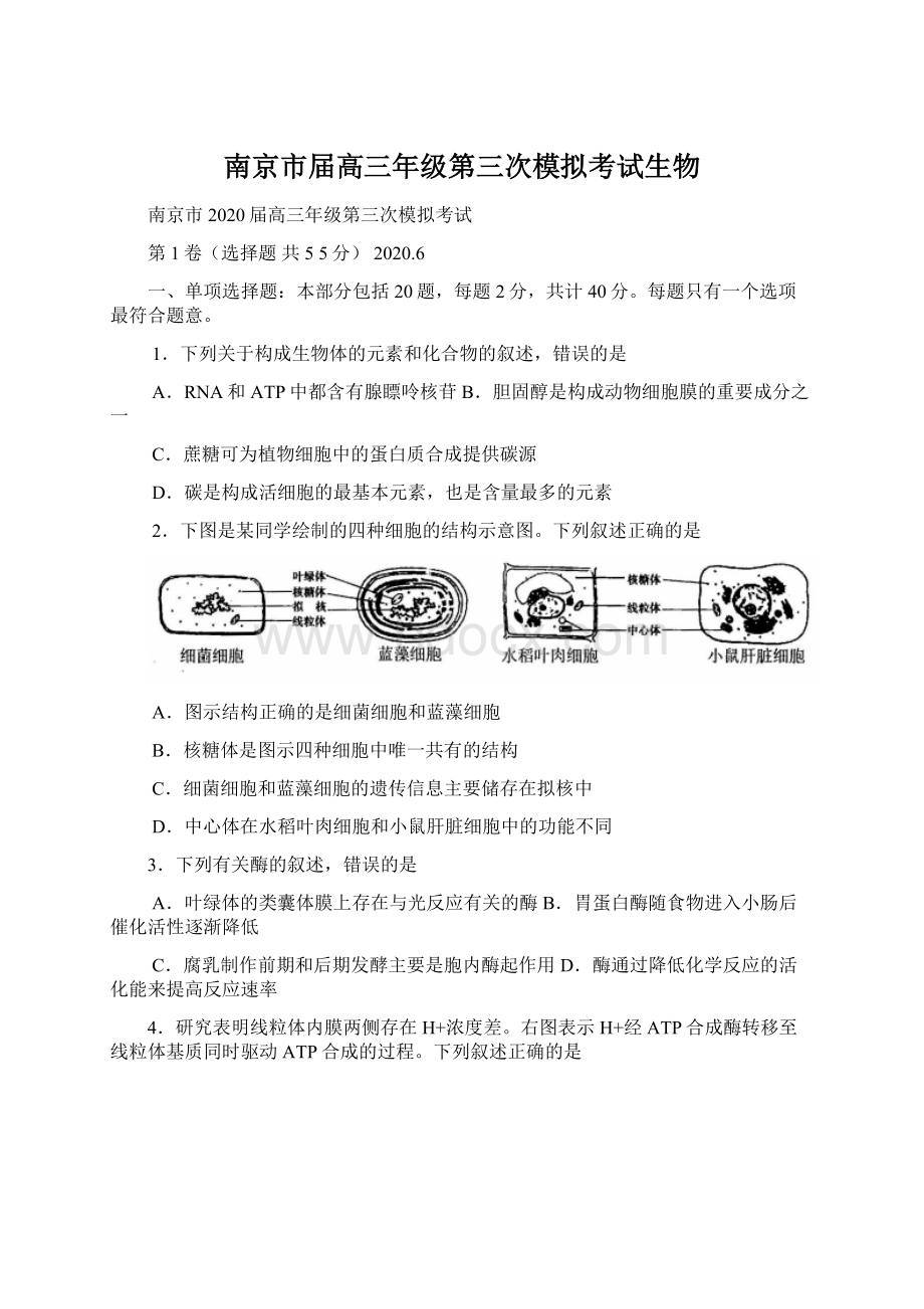 南京市届高三年级第三次模拟考试生物.docx_第1页