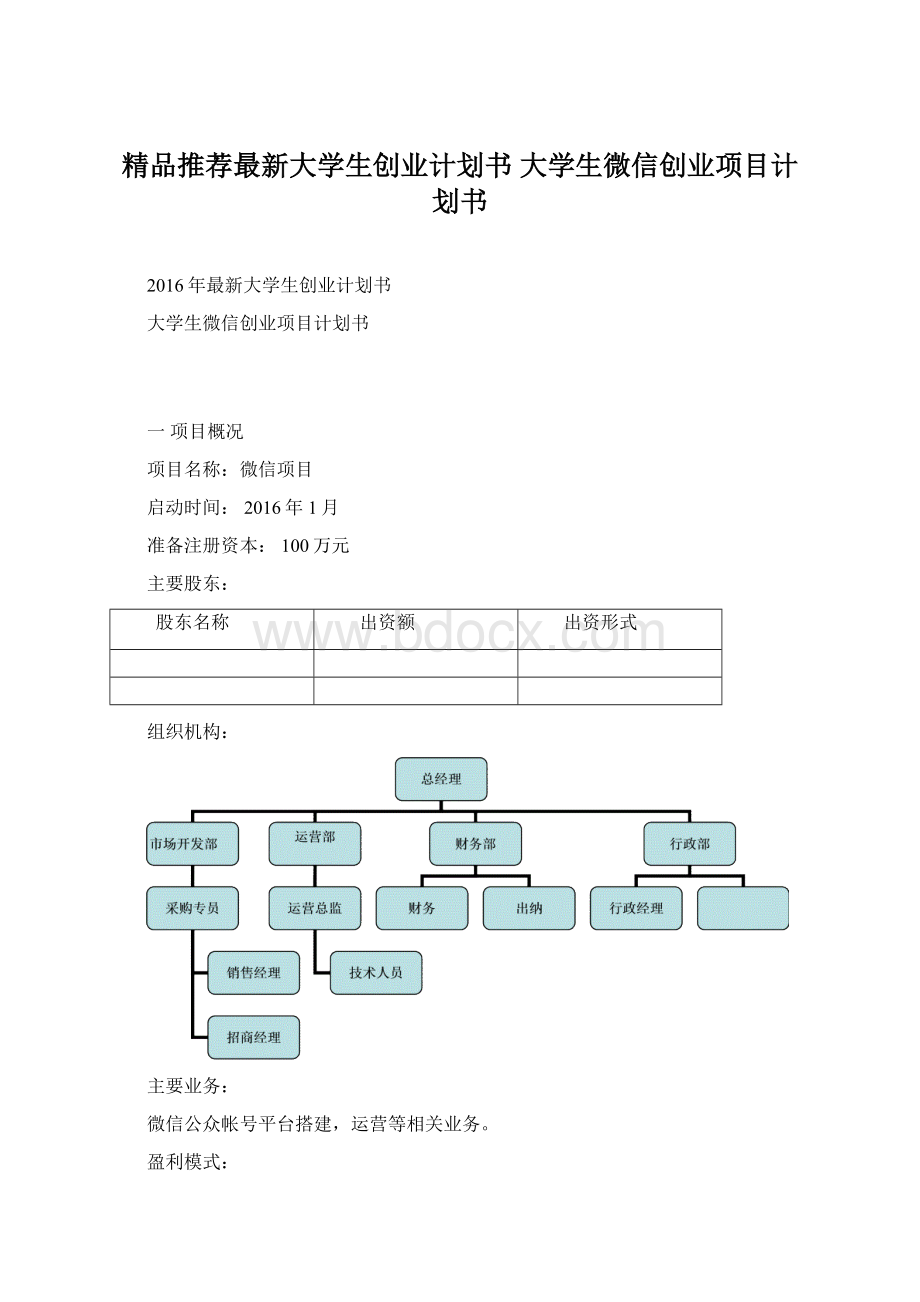 精品推荐最新大学生创业计划书 大学生微信创业项目计划书.docx_第1页