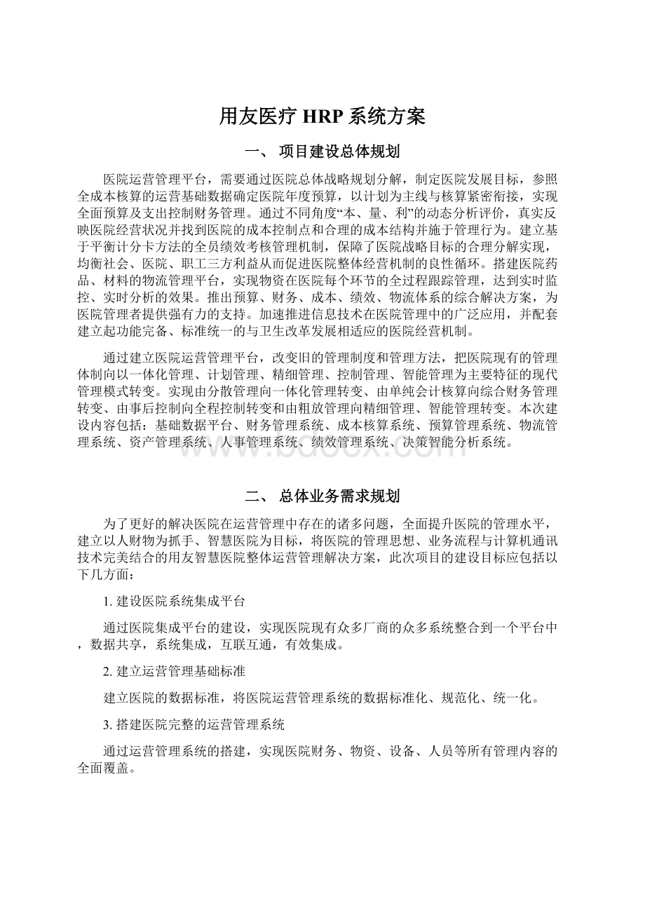 用友医疗HRP系统方案Word文档下载推荐.docx_第1页