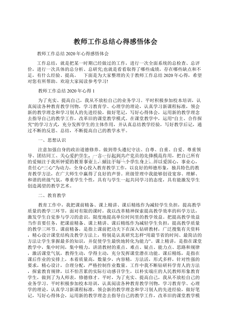 教师工作总结心得感悟体会.docx