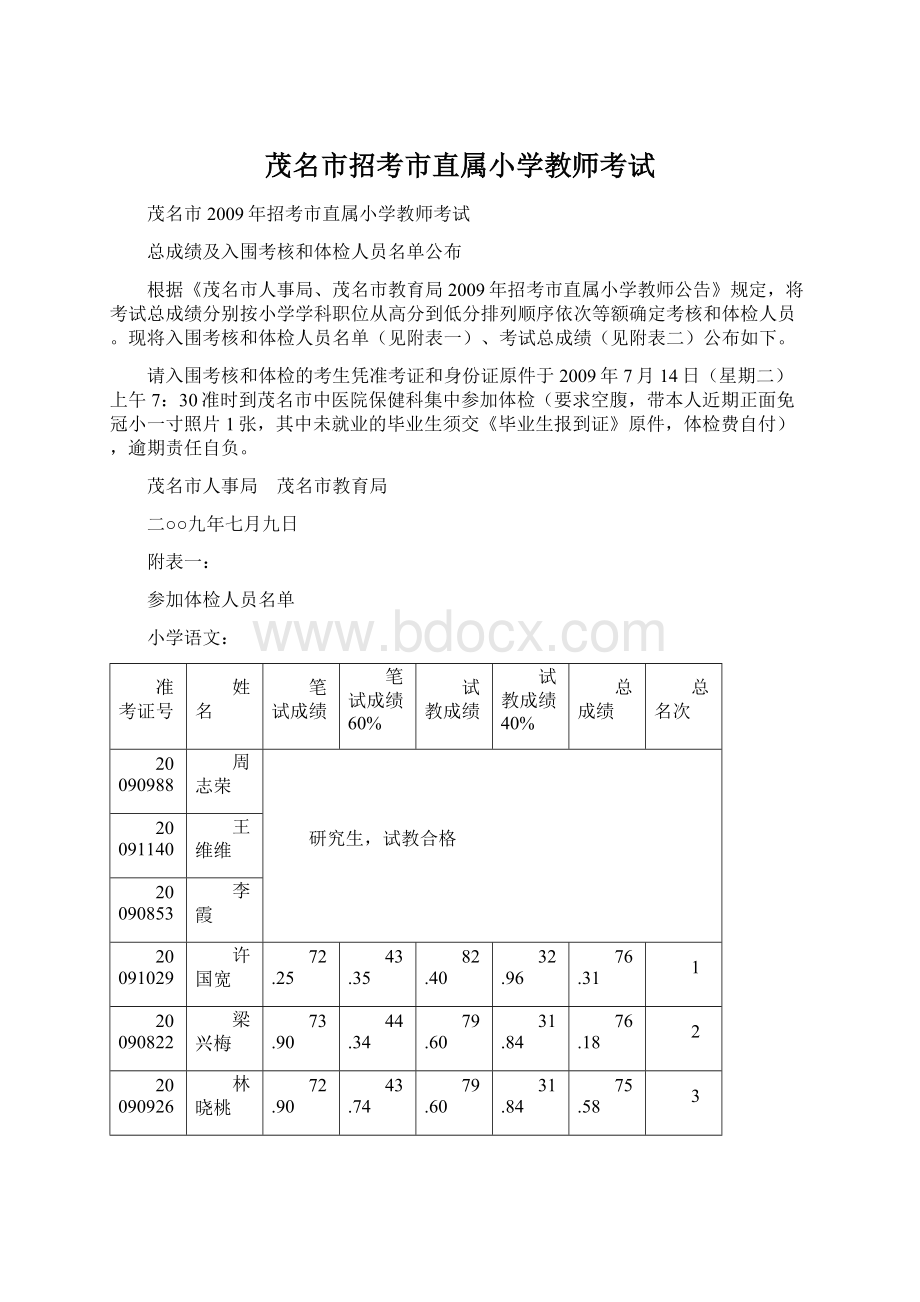 茂名市招考市直属小学教师考试Word文档格式.docx