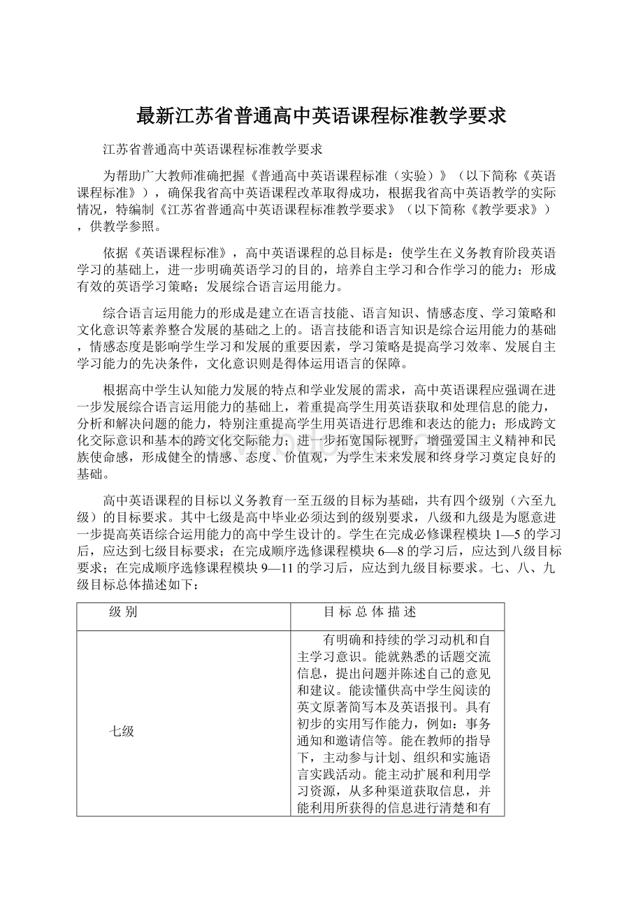 最新江苏省普通高中英语课程标准教学要求.docx_第1页