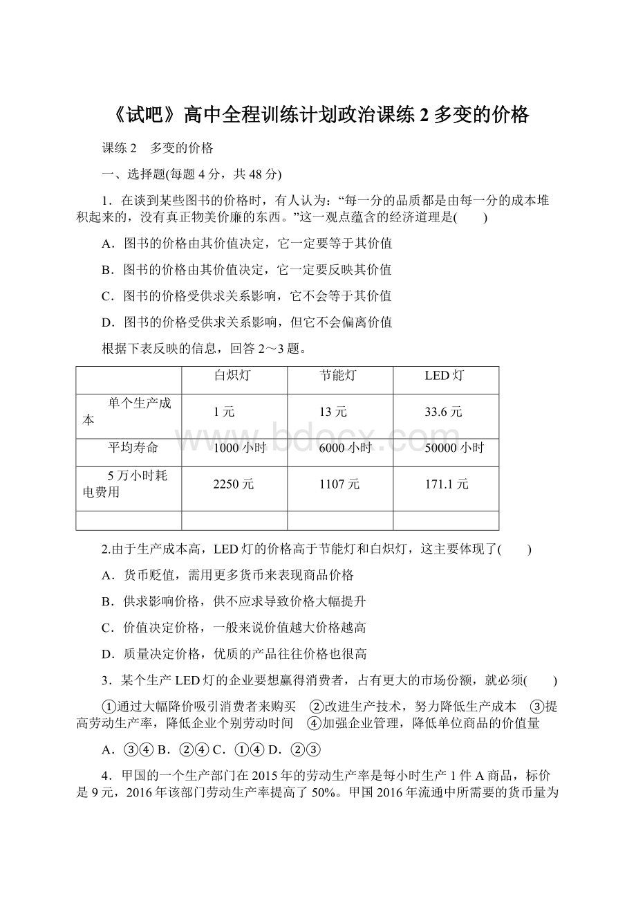 《试吧》高中全程训练计划政治课练2多变的价格Word下载.docx_第1页