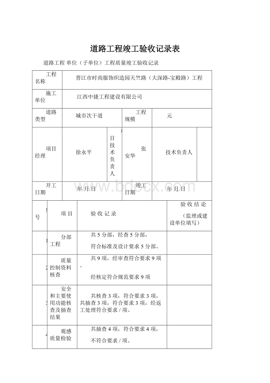 道路工程竣工验收记录表文档格式.docx